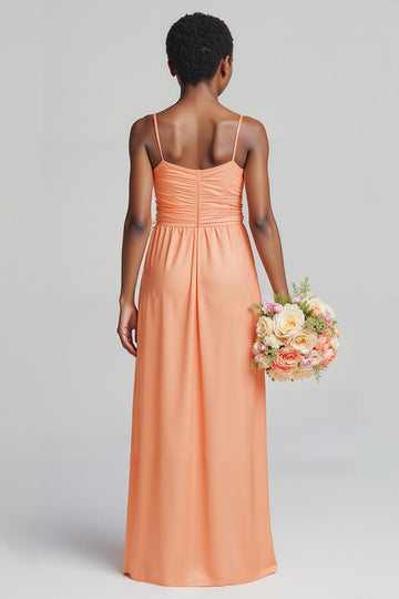 coucher de soleil satin spaghetti bretelles dos nu longue robe de demoiselle d’honneur junior